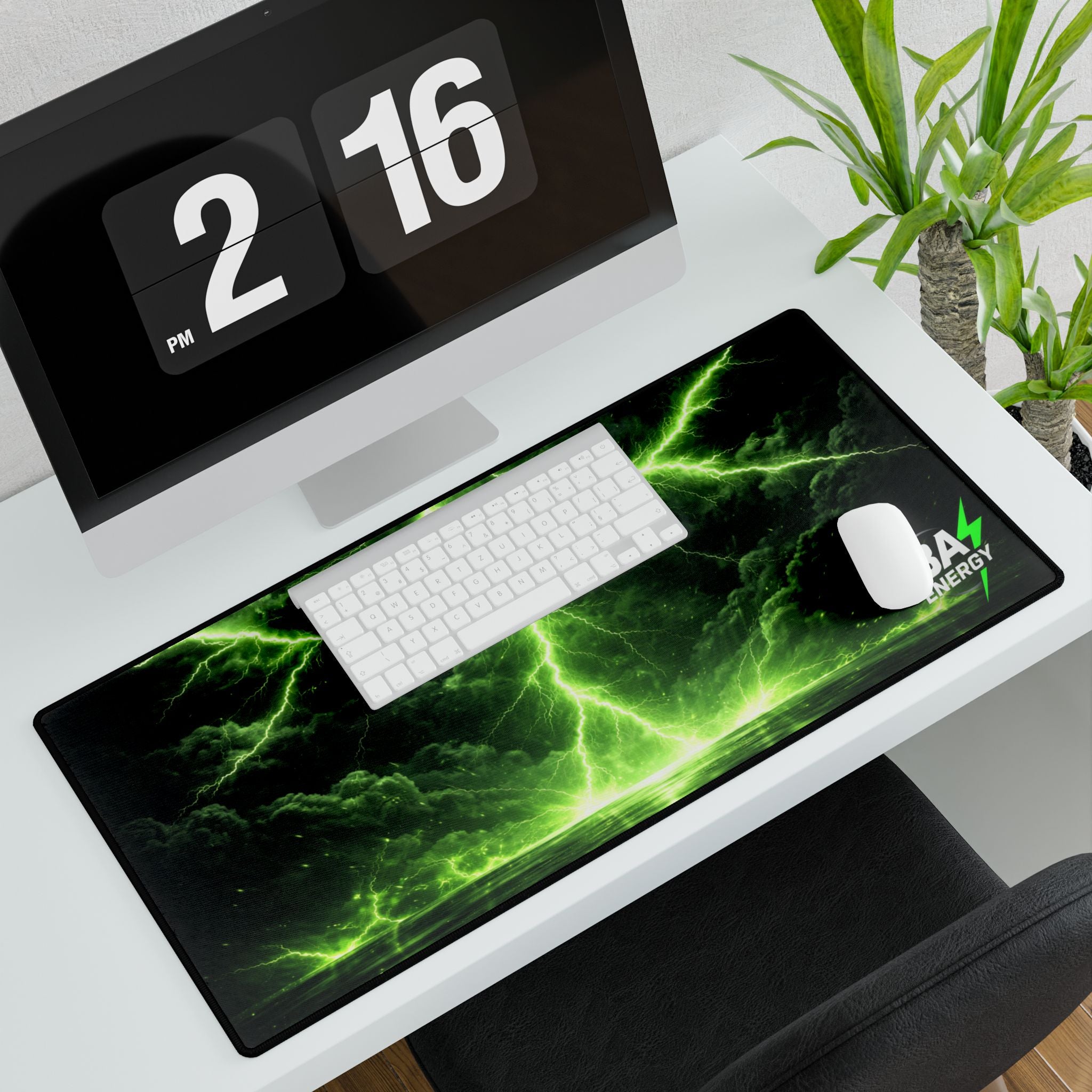 Energy Storm Desk Mat — Large Gaming Mousepad with Green Lightning